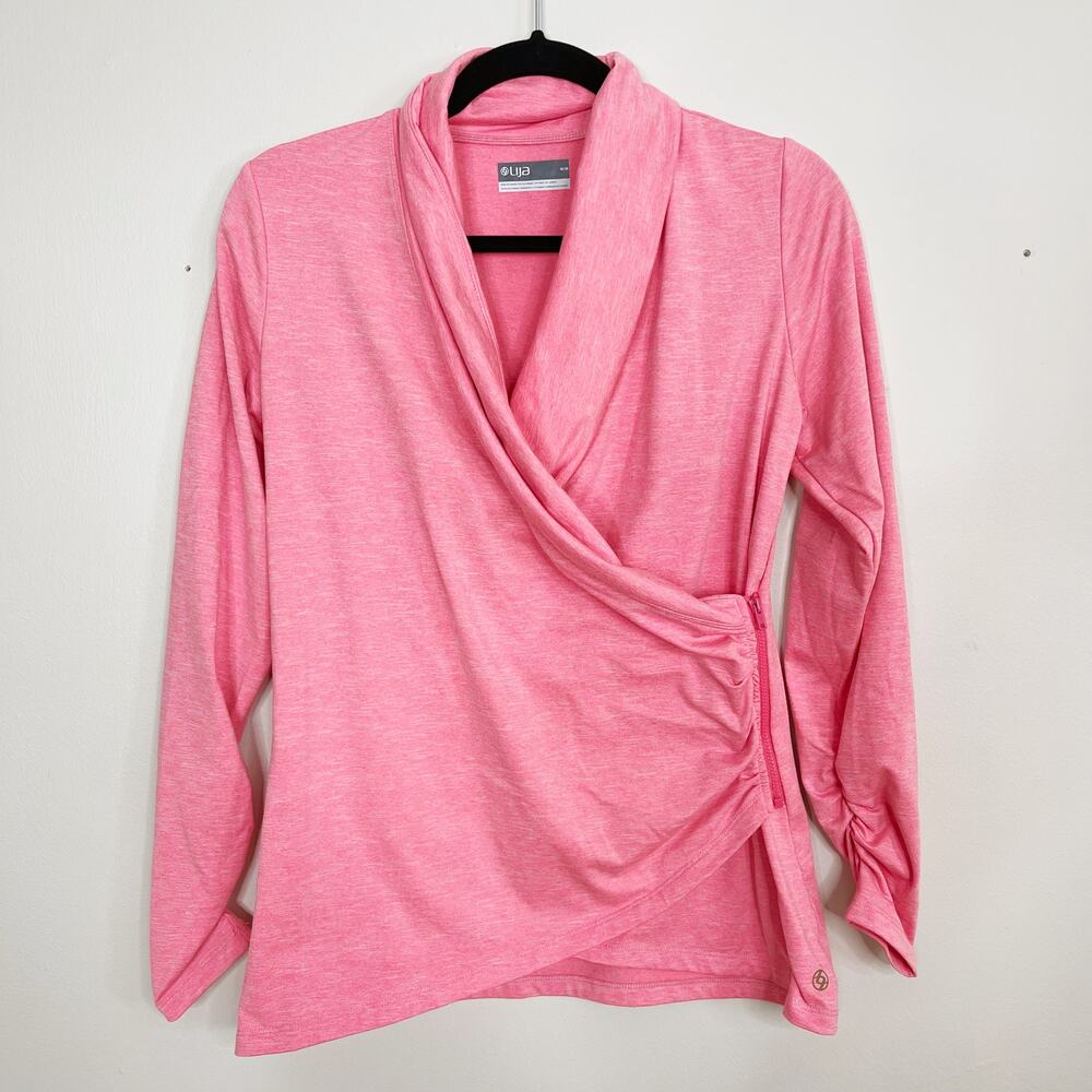 Lija Asymmetical Zip Jacket Heather Pink Ruched 3/4 Sleeve Womens Medium M Golf